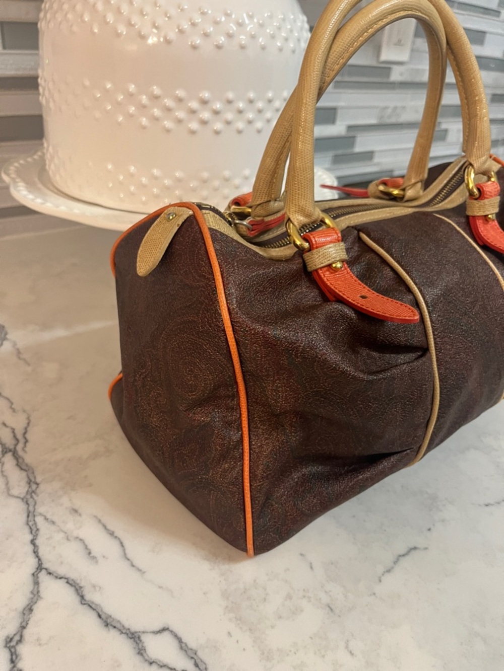 Etro Brown Leather Satchel with Tan Handles and Orange Trim - Picture 2 of 6